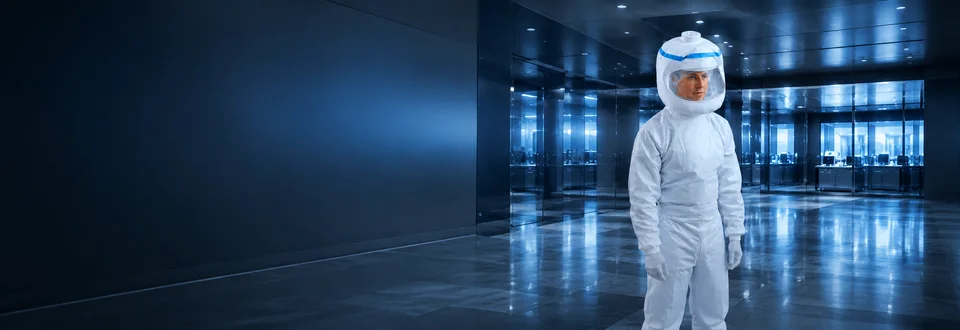 Person in belüftetem Vollschutzanzug in einer modernen Industriehalle