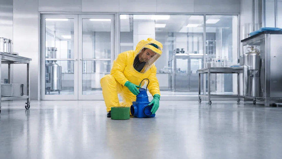 Person im gelben Vollschutzanzug kniend in einem hellen Laborgang
